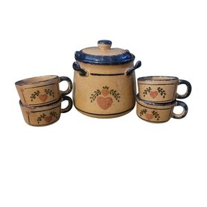 Vintage Stoneware Soup or Beverage Canister with 4 Cups and Lid